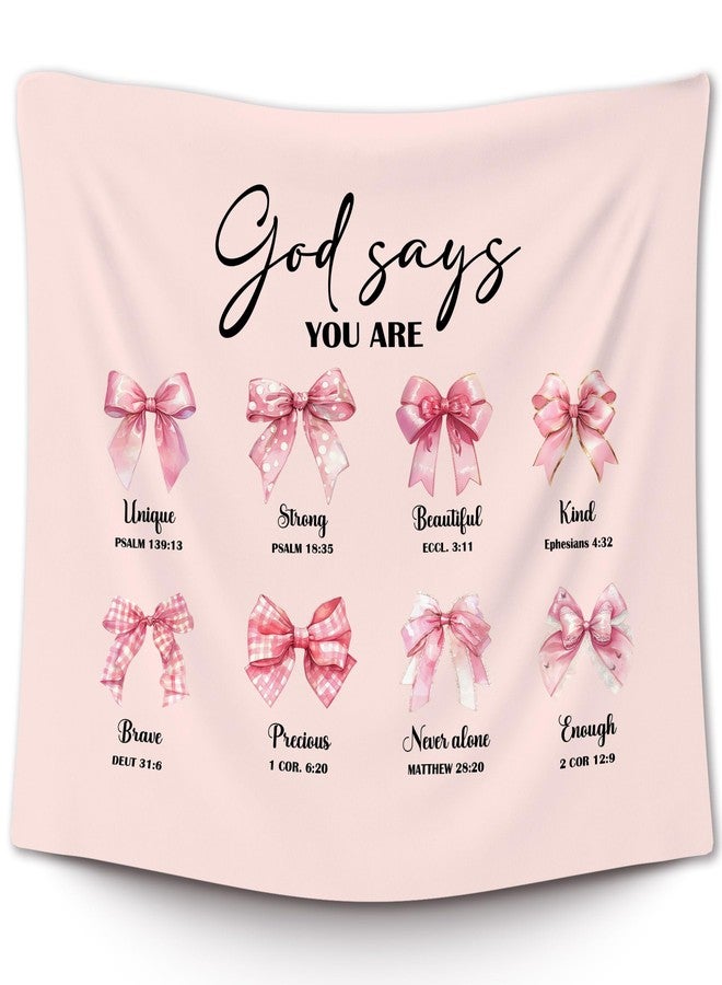 XLDLIOO Pink Coquette Bow Christian Wall Tapestry, Scricpture God says You Are Unique Strong Wall Tapestry Hanging for Girly Room Bedroom, Preppy Tapestries Wall Decor Art for Teen Girls Dorm 60x50in - Image 1